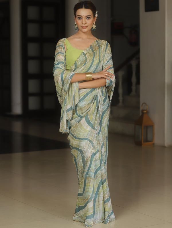 Banarasee Chiffon Lahariya Design Saree With Cutdana Border-Green