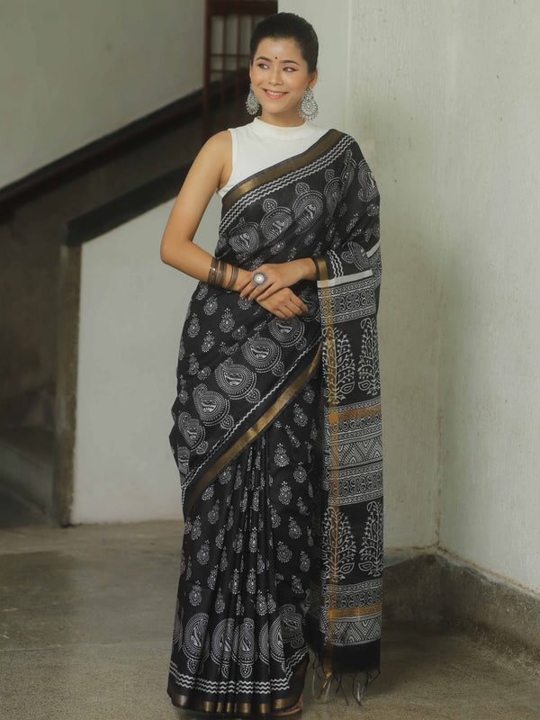 Banarasee Katan-Silk Block Print Saree With Gold Border-Black