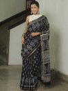 Banarasee Katan-Silk Block Print Saree With Gold Border-Black