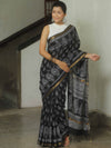 Banarasee Katan-Silk Block Print Saree With Gold Border-Black