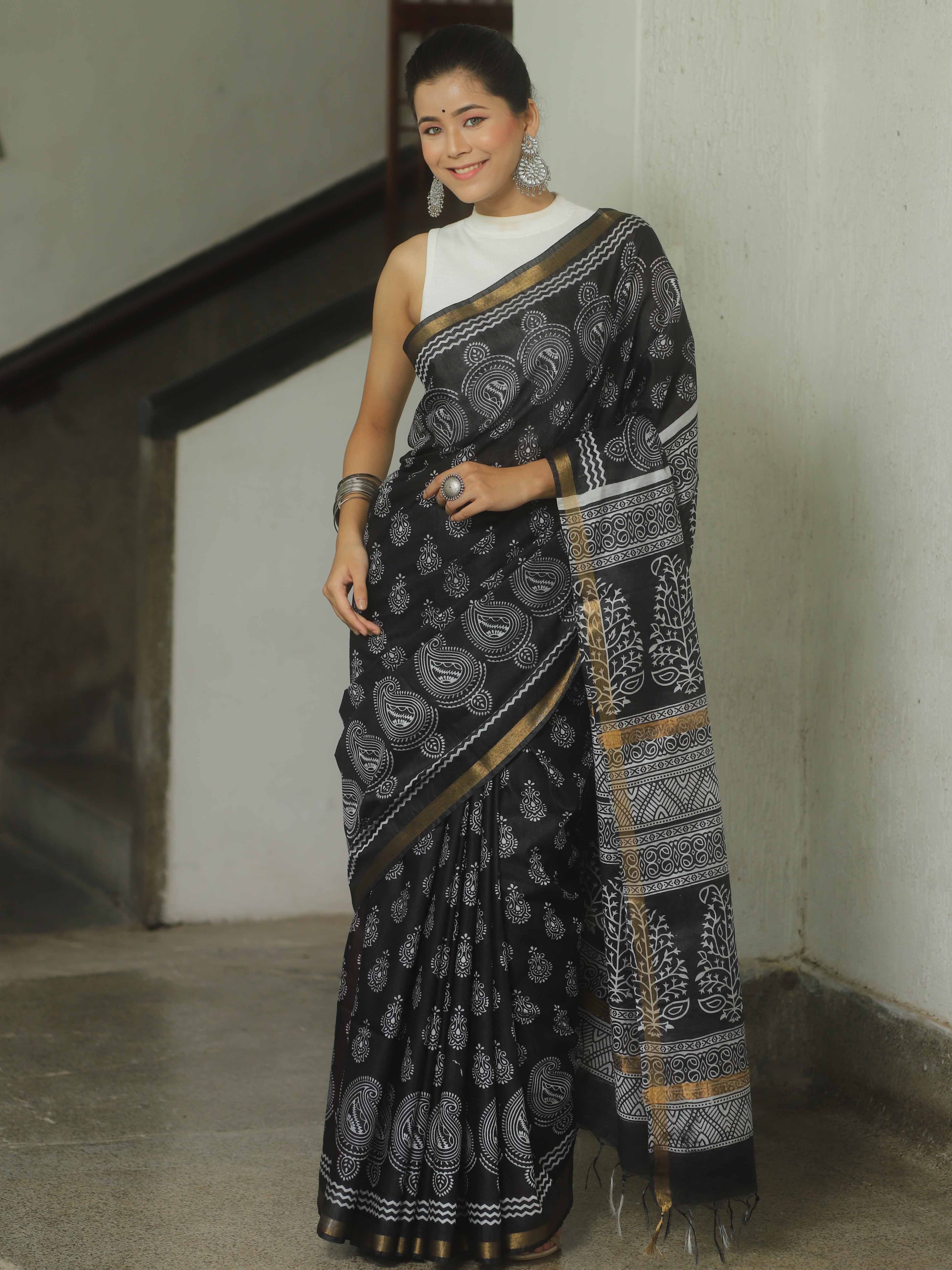 Banarasee Katan-Silk Block Print Saree With Gold Border-Black