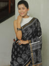 Banarasee Katan-Silk Block Print Saree With Gold Border-Black