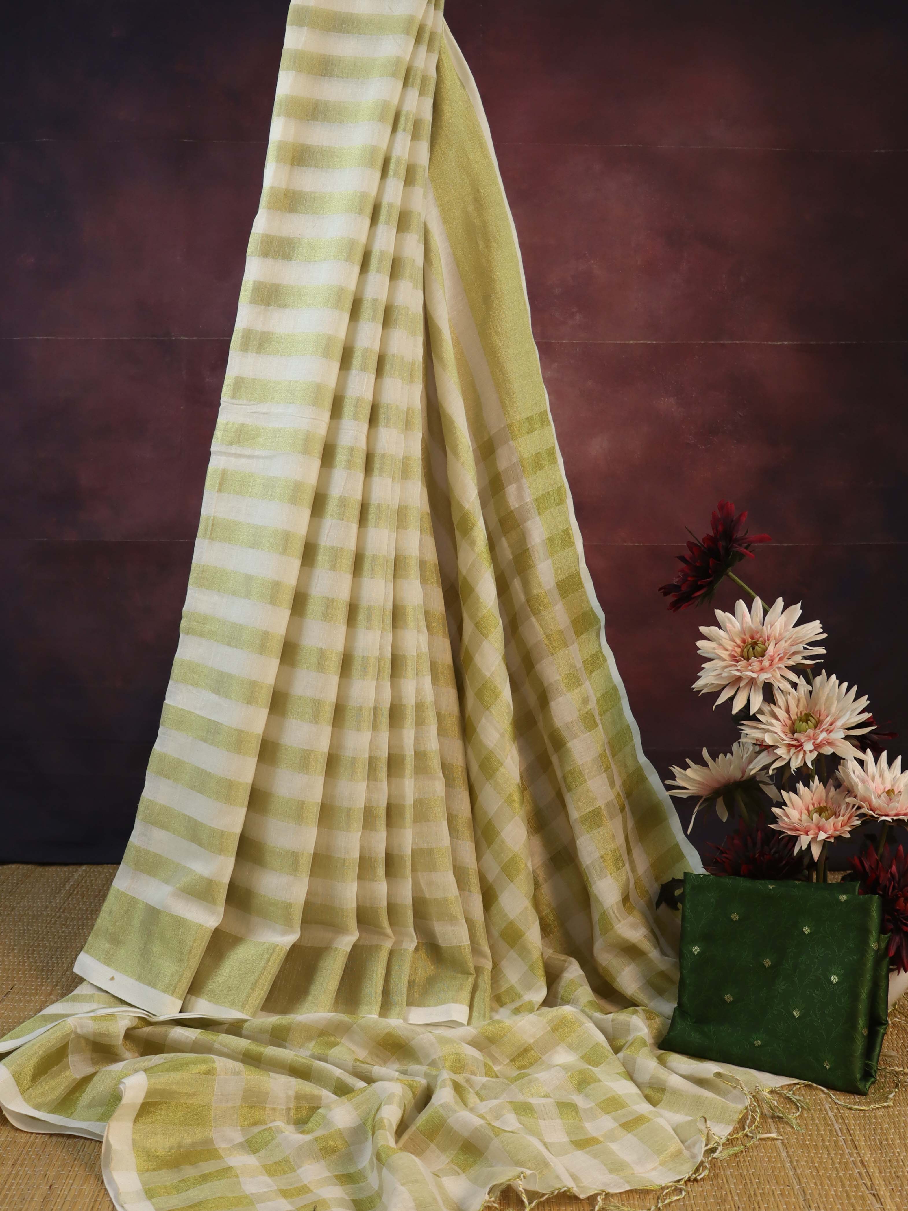 Banarasee Pure Mul Cotton Zari Stripes Saree With Green Blouse-White & Gold