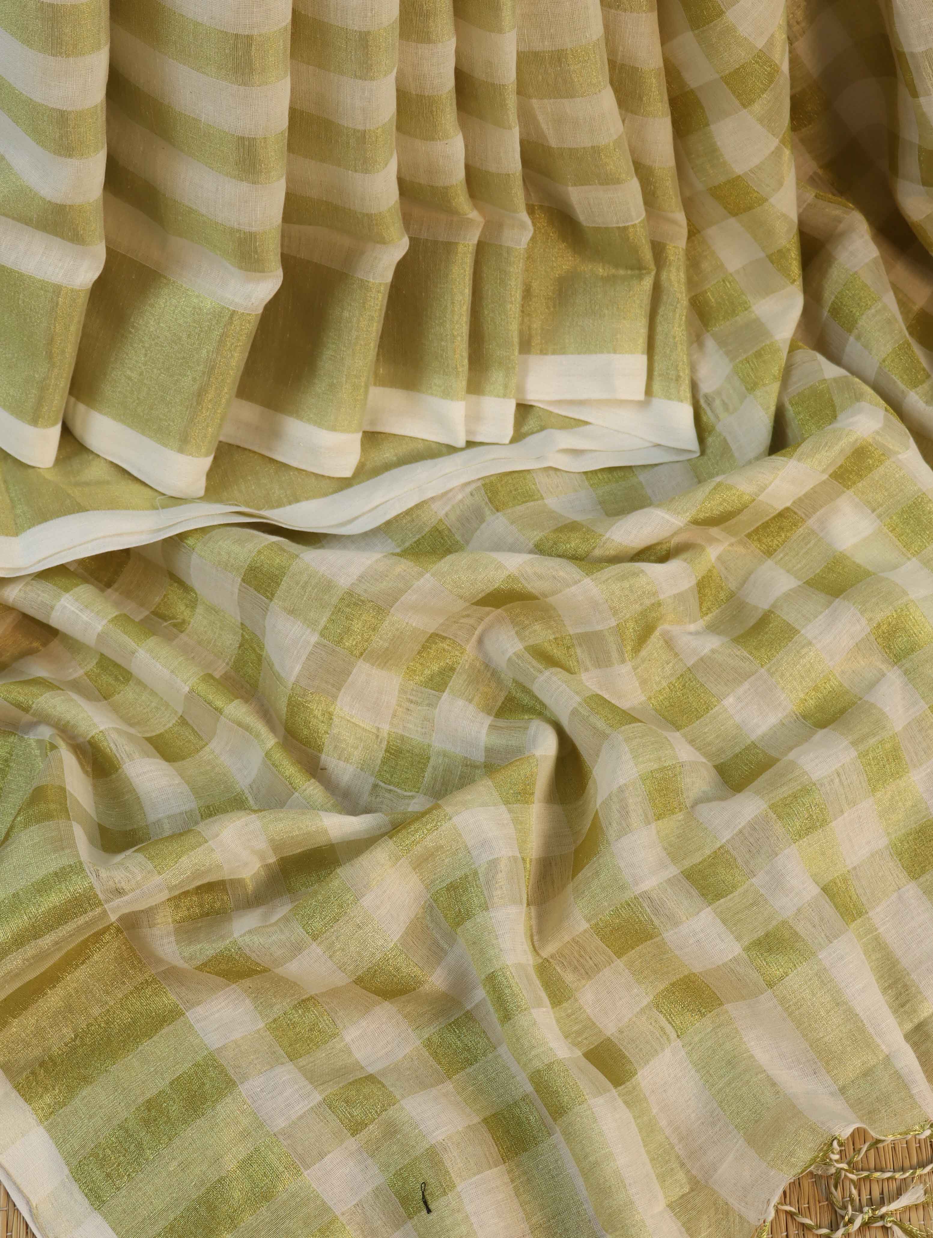 Banarasee Pure Mul Cotton Zari Stripes Saree With Green Blouse-White & Gold