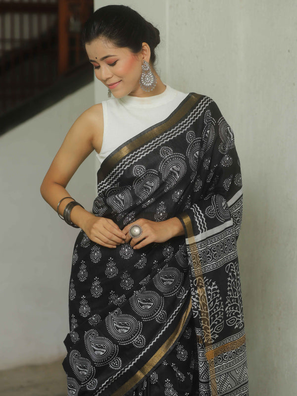 Banarasee Katan-Silk Block Print Saree With Gold Border-Black