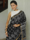 Banarasee Katan-Silk Block Print Saree With Gold Border-Black