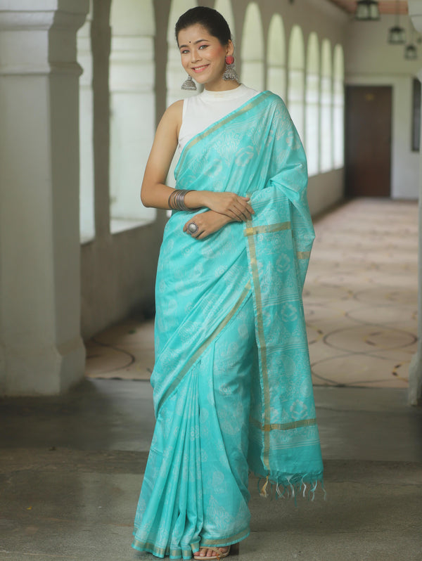 Banarasee Katan-Silk Block Print Saree With Gold Border-Tarquoise Blue