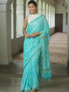 Banarasee Katan-Silk Block Print Saree With Gold Border-Tarquoise Blue