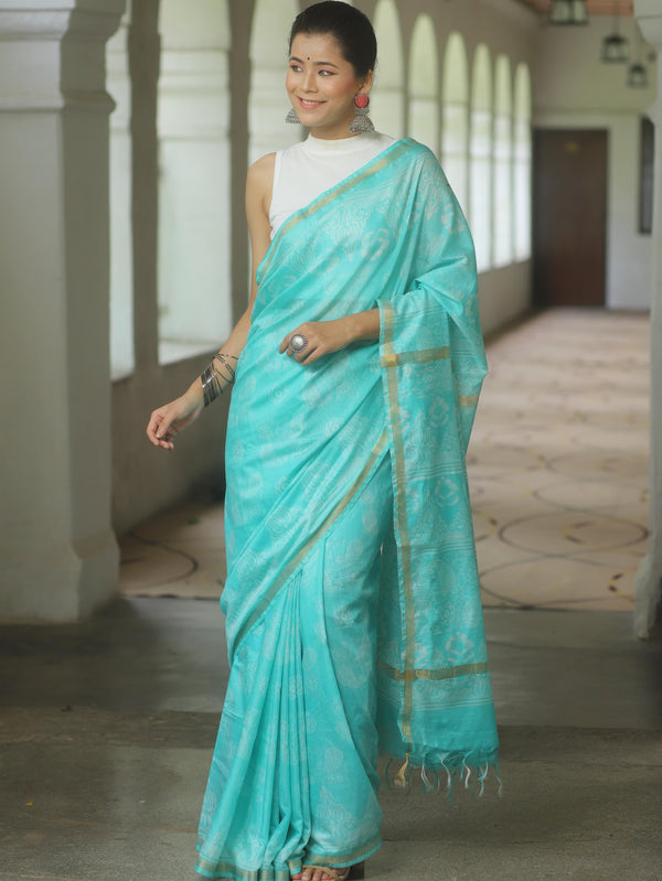 Banarasee Katan-Silk Block Print Saree With Gold Border-Tarquoise Blue