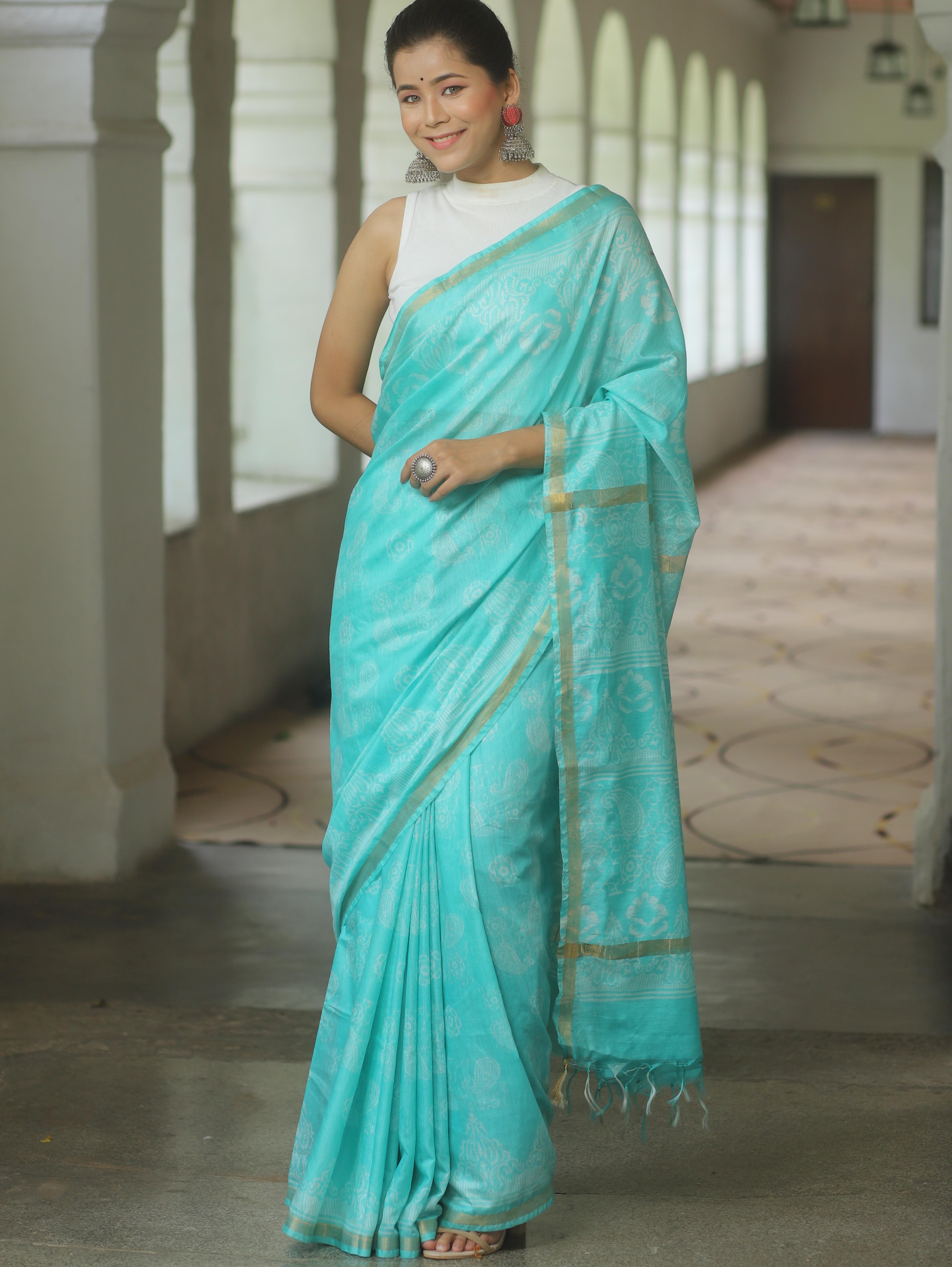 Banarasee Katan-Silk Block Print Saree With Gold Border-Tarquoise Blue