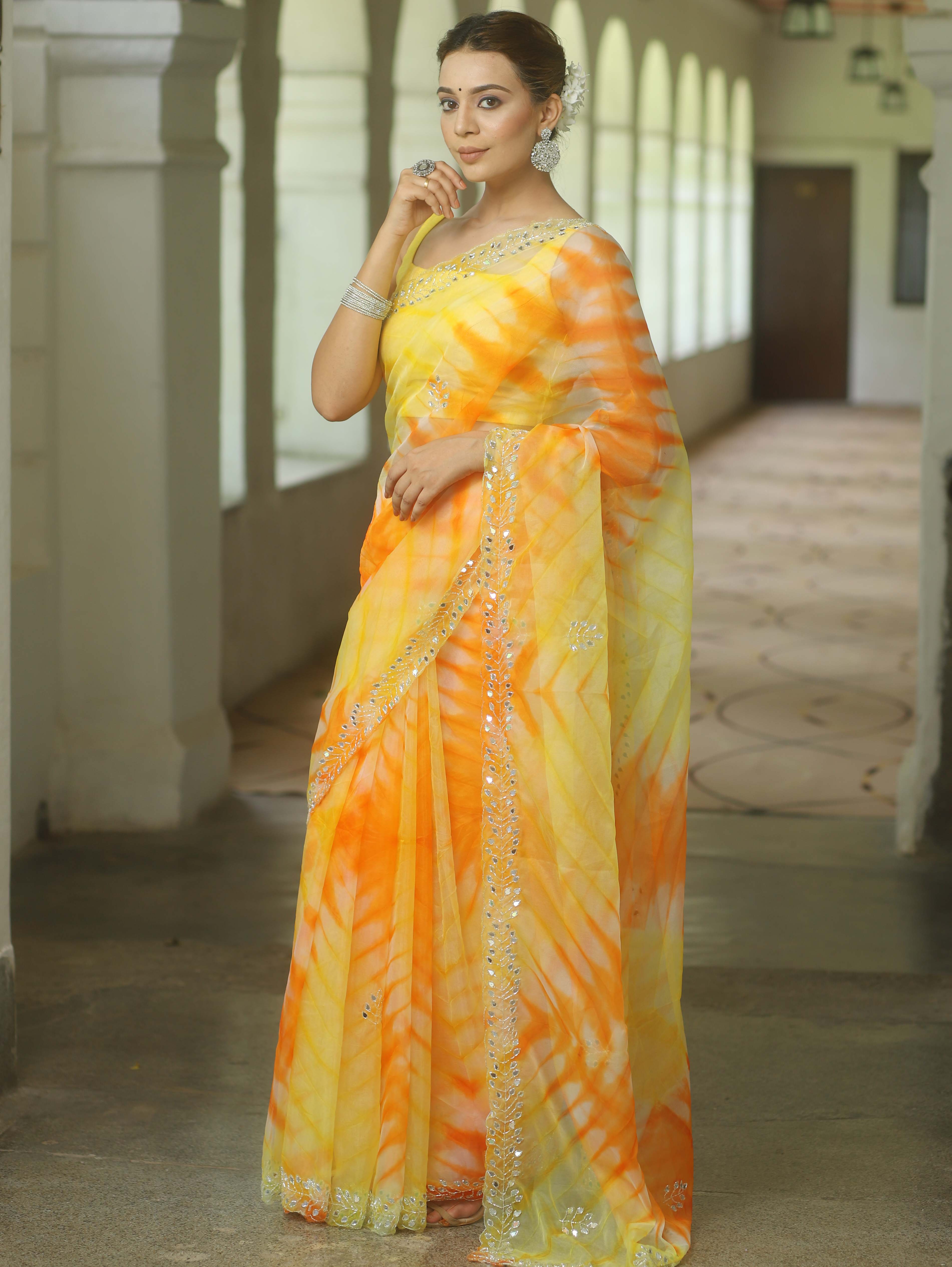 Banarasee Organza Silk Shibori Dyed Hand-work Scallop Border Saree-Yellow & Orange