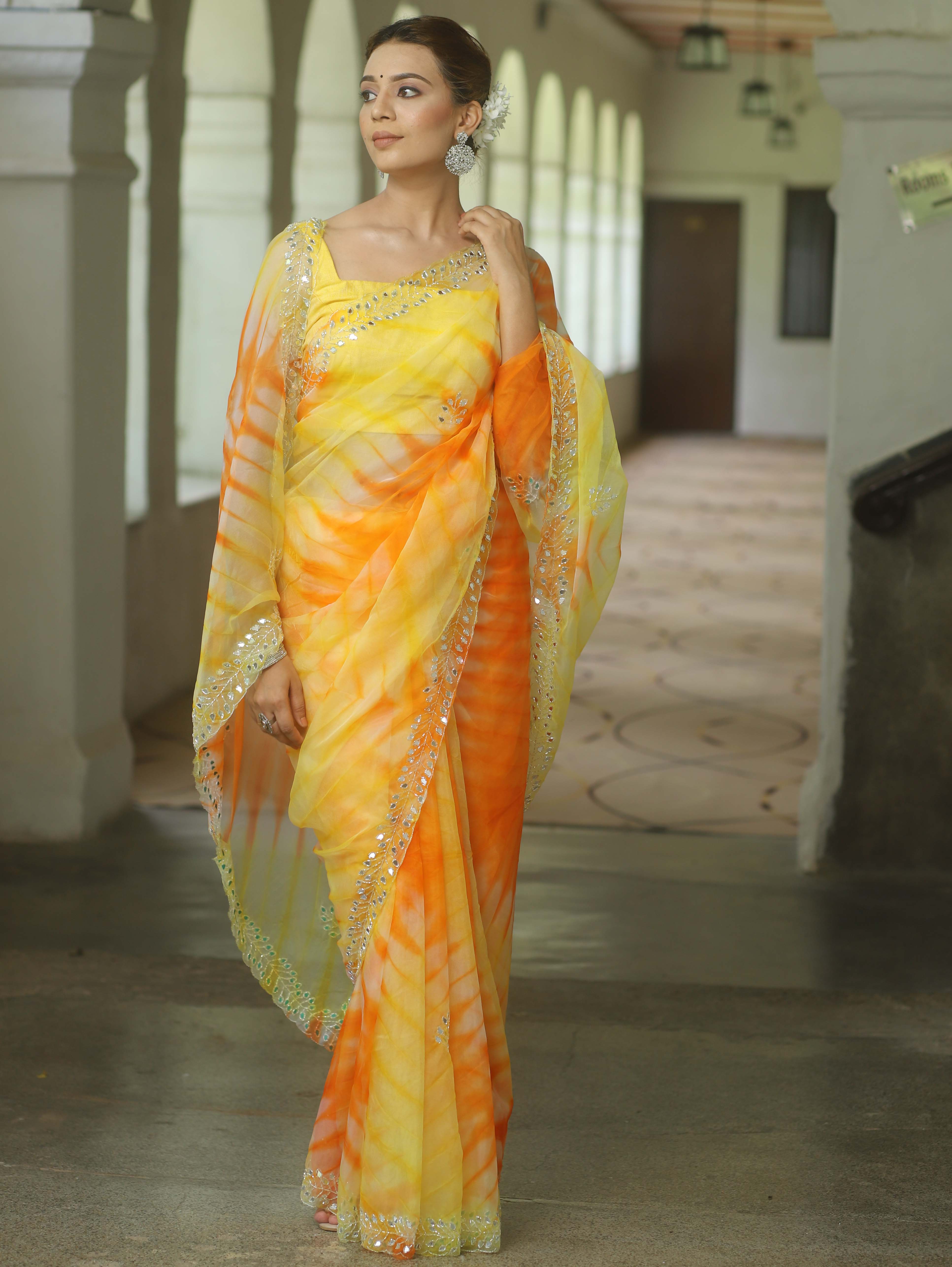 Banarasee Organza Silk Shibori Dyed Hand-work Scallop Border Saree-Yellow & Orange