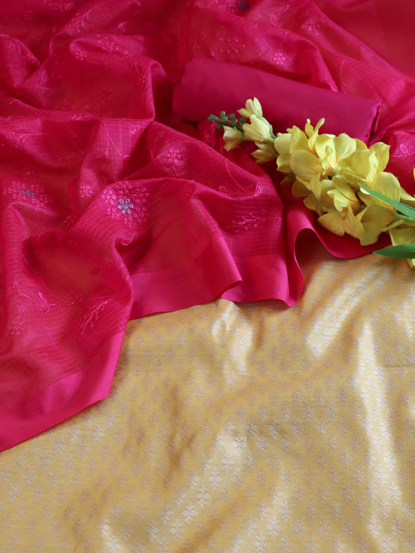 Banarasee Brocade Salwar Kameez Fabric With Cotton Silk Dupatta-Yellow & Pink