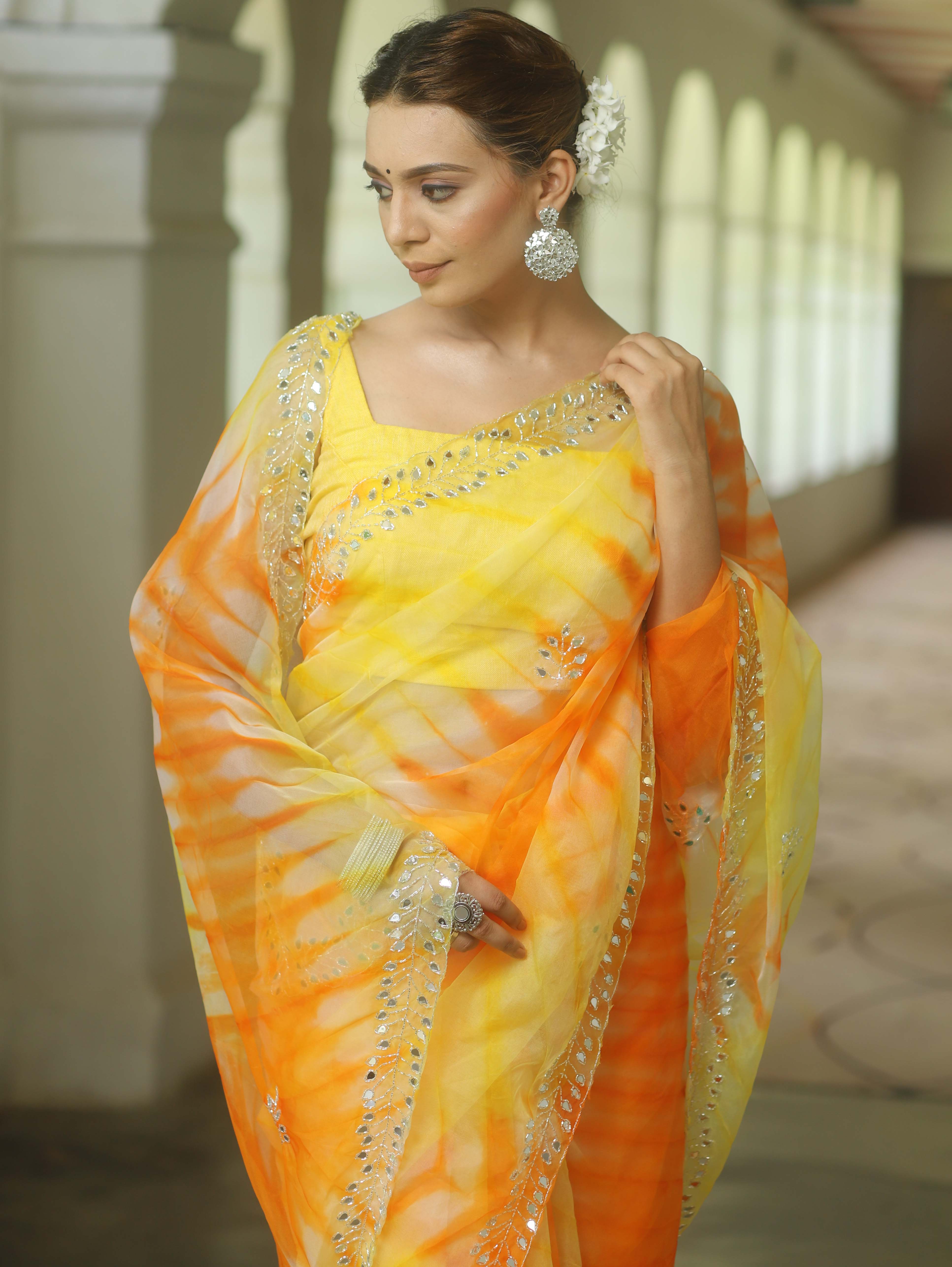 Banarasee Organza Silk Shibori Dyed Hand-work Scallop Border Saree-Yellow & Orange