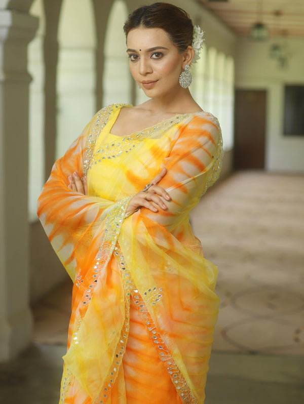 Banarasee Organza Silk Shibori Dyed Hand-work Scallop Border Saree-Yellow & Orange