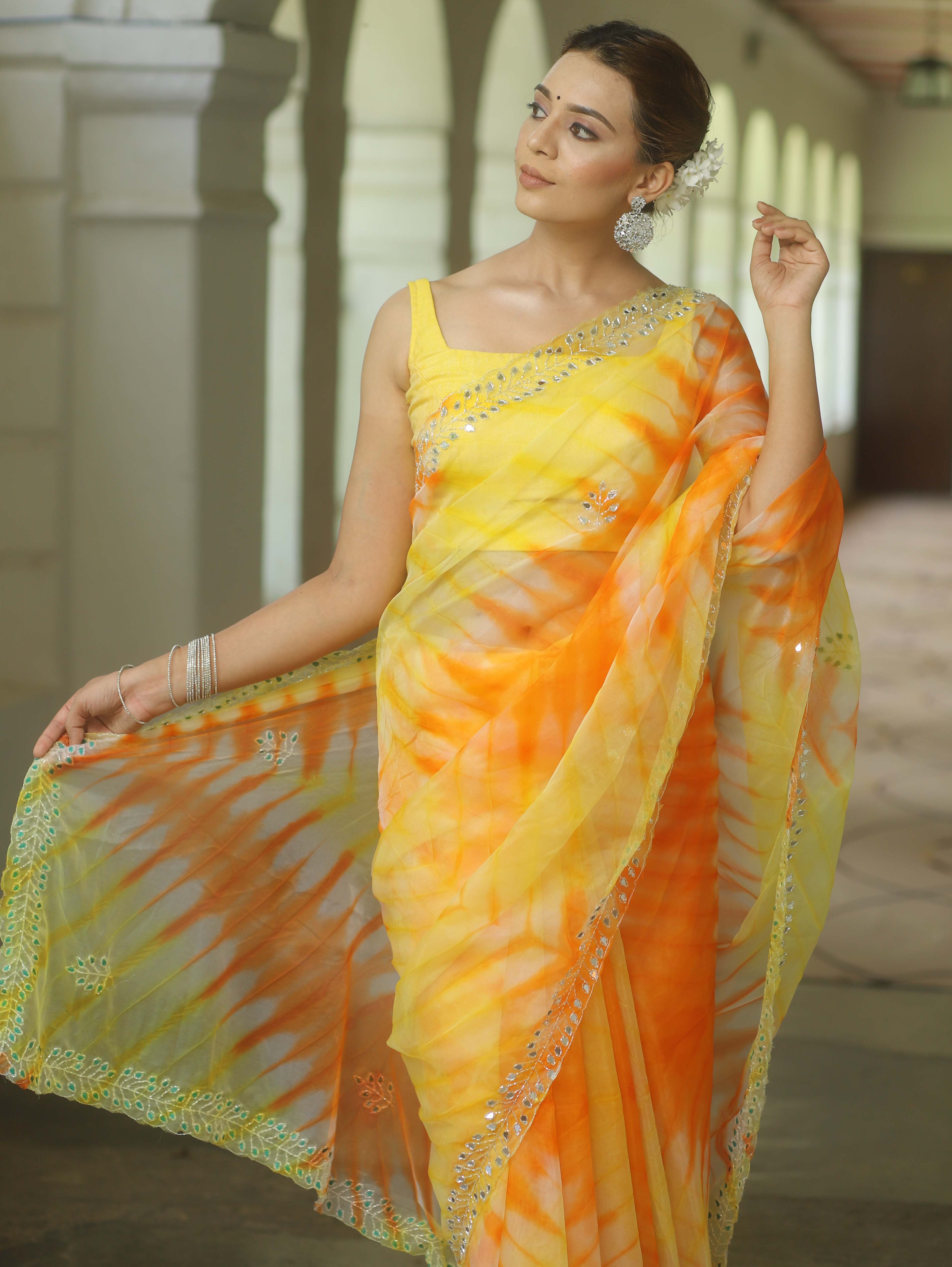 Banarasee Organza Silk Shibori Dyed Hand-work Scallop Border Saree-Yellow & Orange