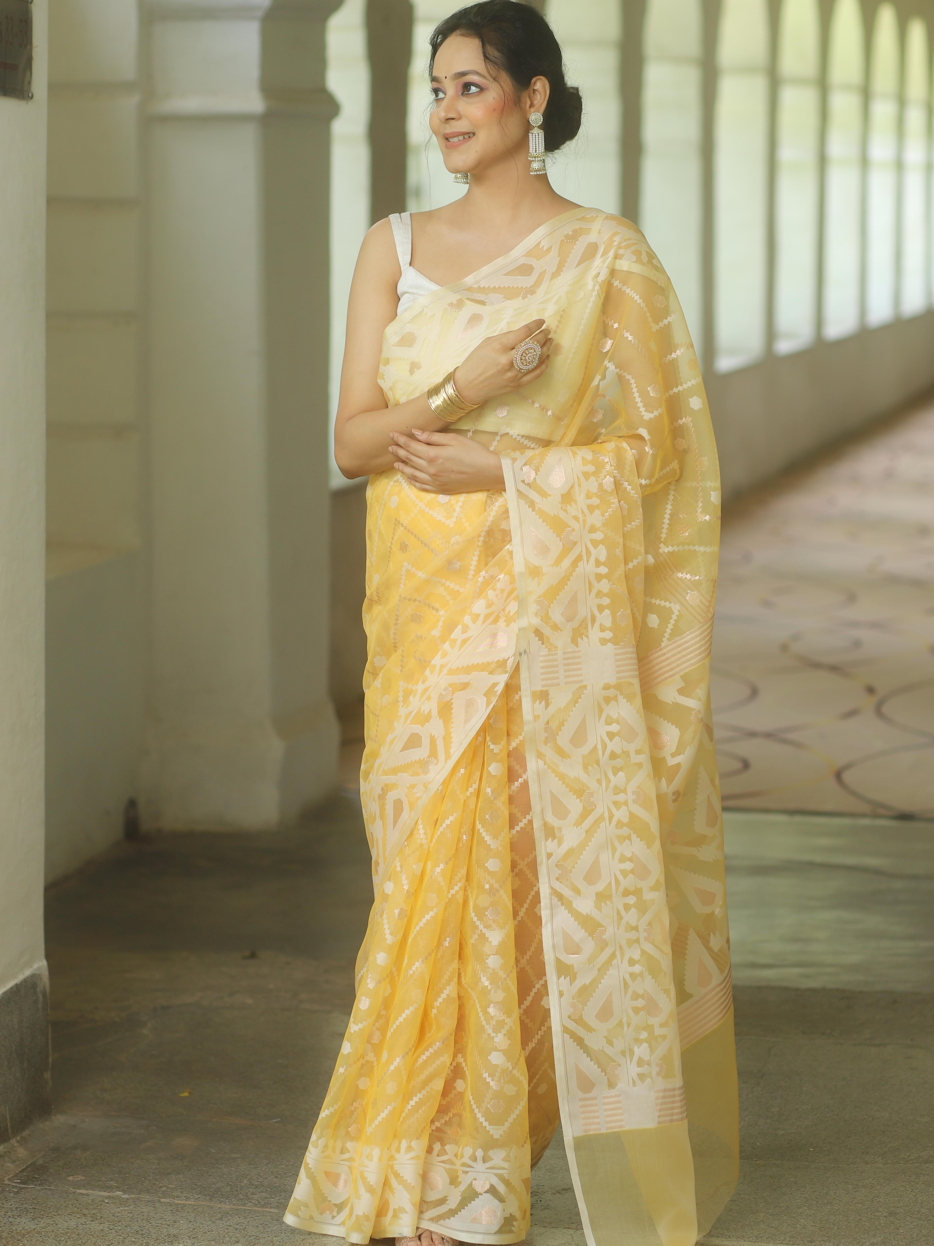 Banarasee Organza Mix Saree With Zari Zig Zag Design-Yellow