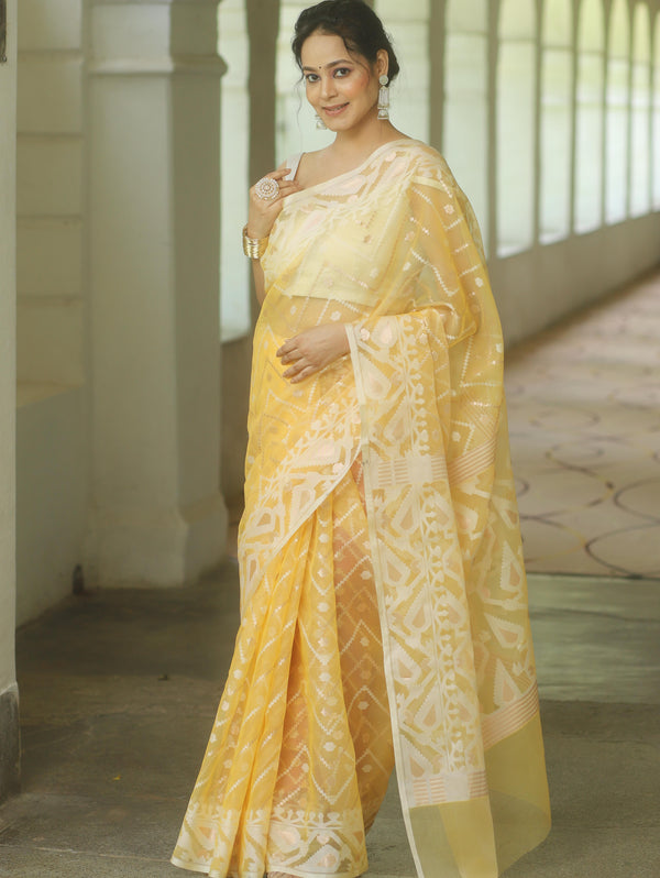 Banarasee Organza Mix Saree With Zari Zig Zag Design-Yellow