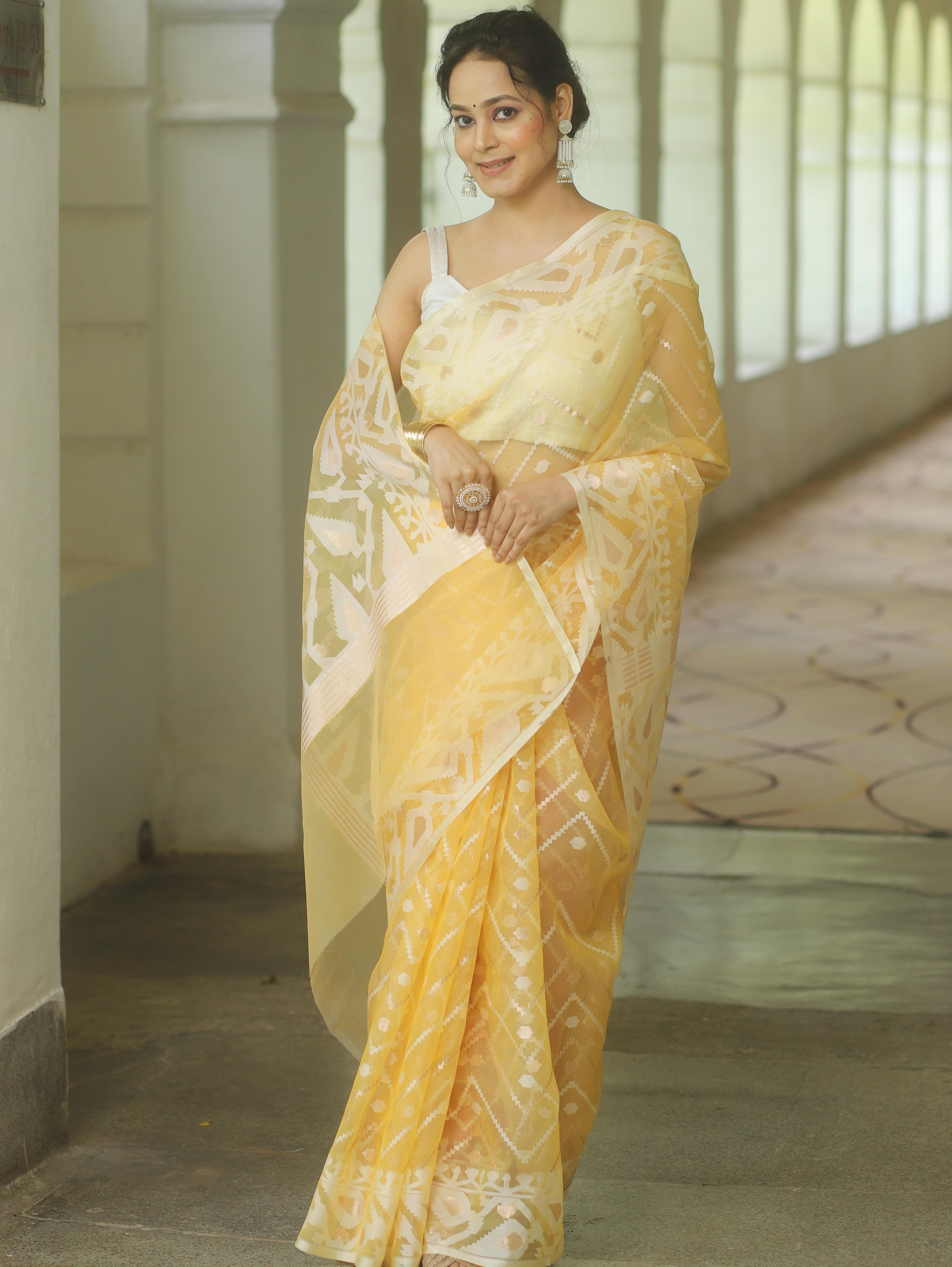 Banarasee Organza Mix Saree With Zari Zig Zag Design-Yellow