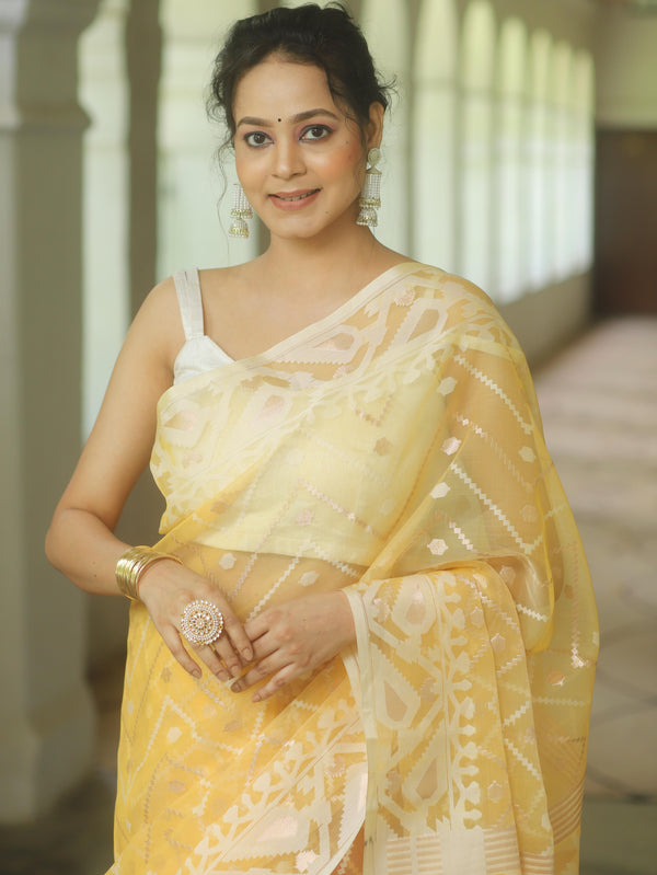 Banarasee Organza Mix Saree With Zari Zig Zag Design-Yellow