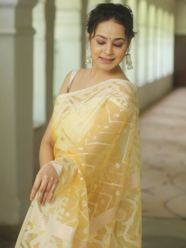 Banarasee Organza Mix Saree With Zari Zig Zag Design-Yellow