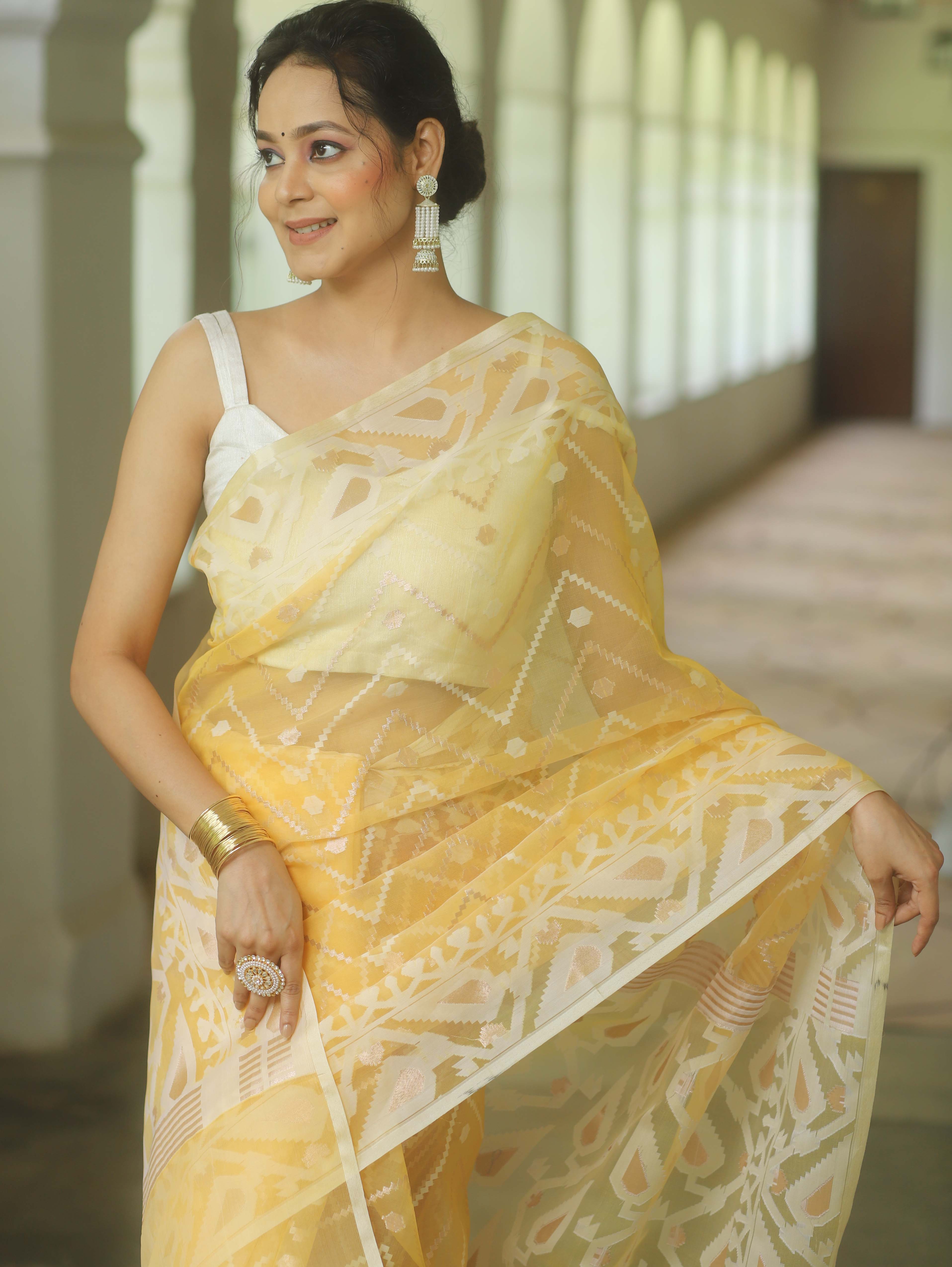 Banarasee Organza Mix Saree With Zari Zig Zag Design-Yellow