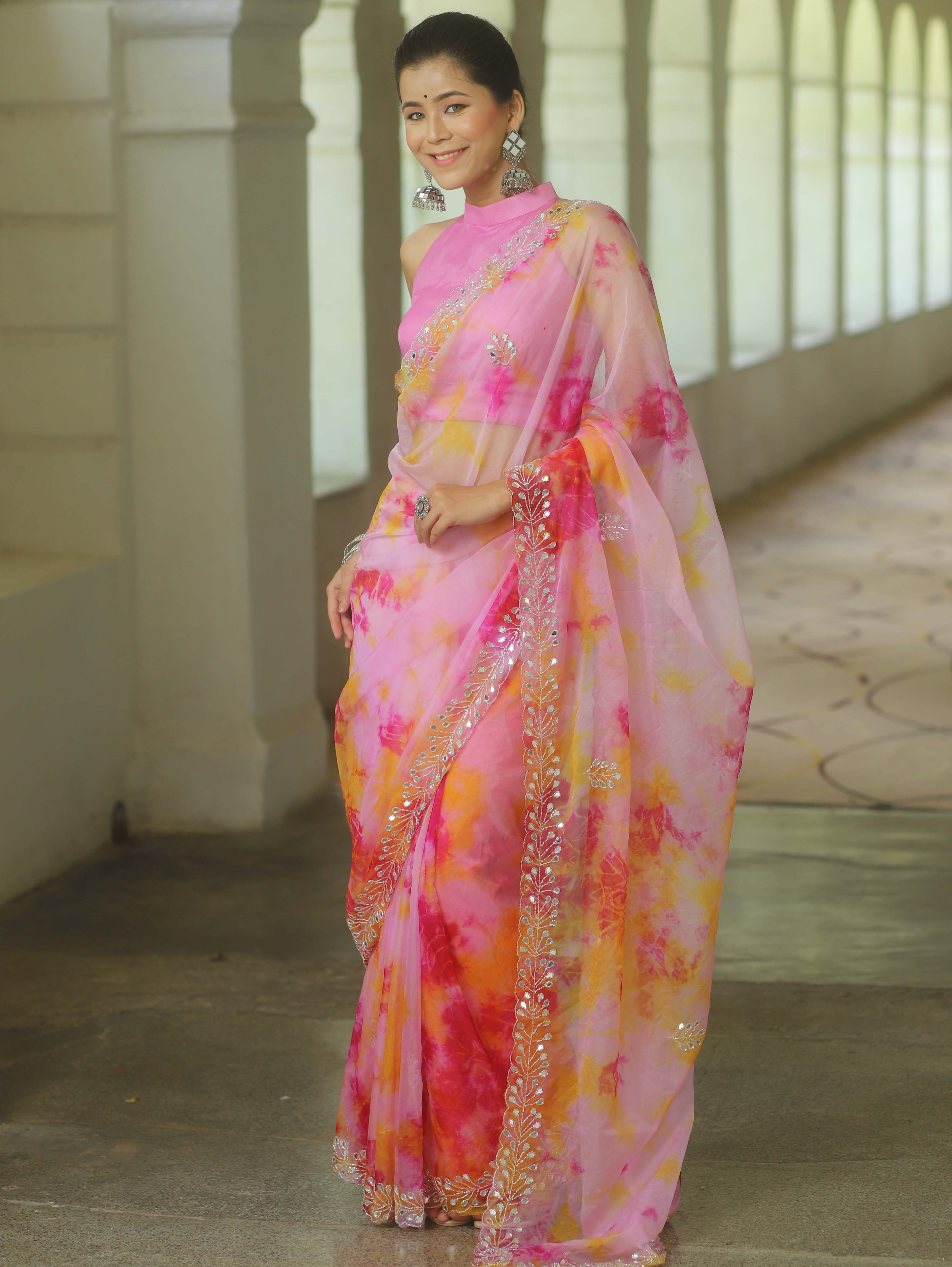 Banarasee Organza Silk Shibori Dyed Hand-work Scallop Border Saree-Pink