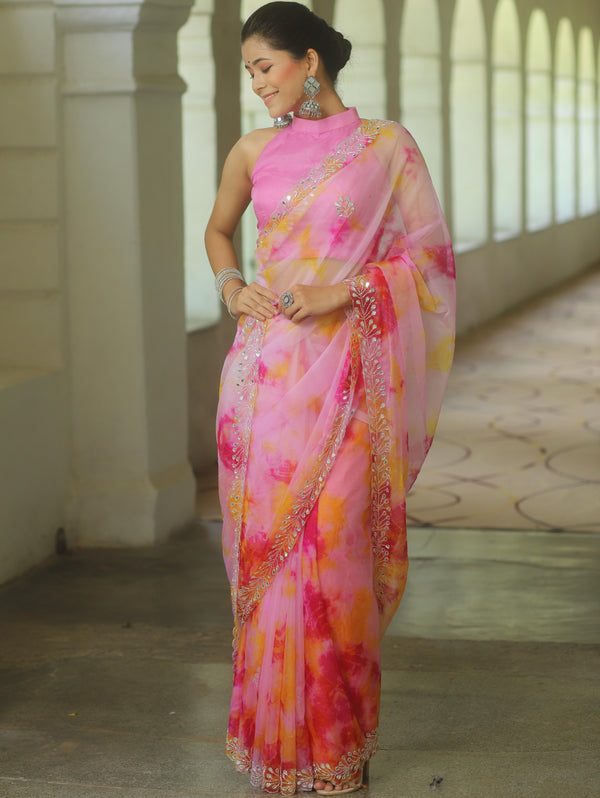 Banarasee Organza Silk Shibori Dyed Hand-work Scallop Border Saree-Pink