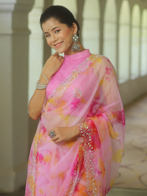 Banarasee Organza Silk Shibori Dyed Hand-work Scallop Border Saree-Pink