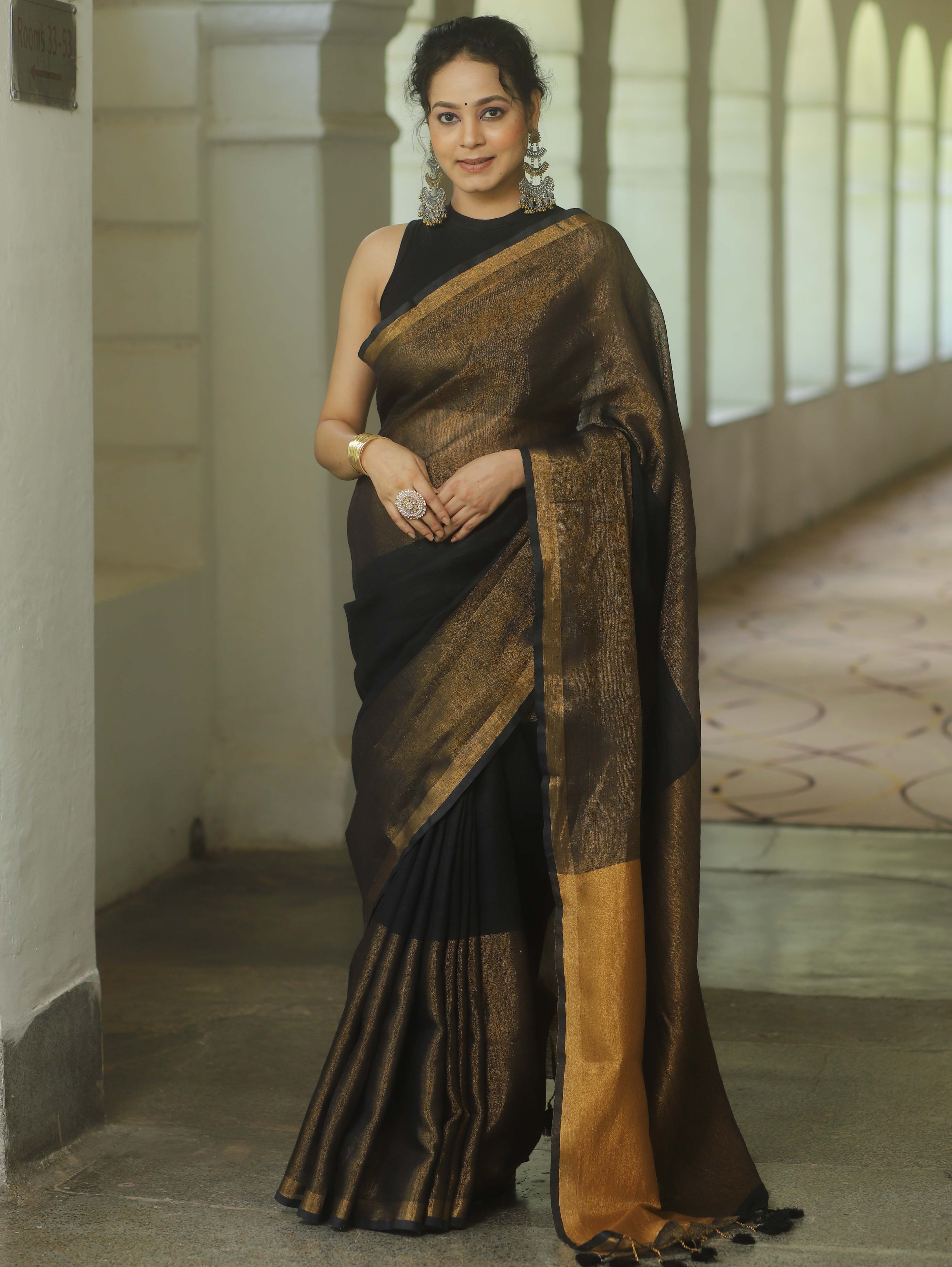 Banarasee Handloom Linen By Tissue Metallic Shine Saree-Black