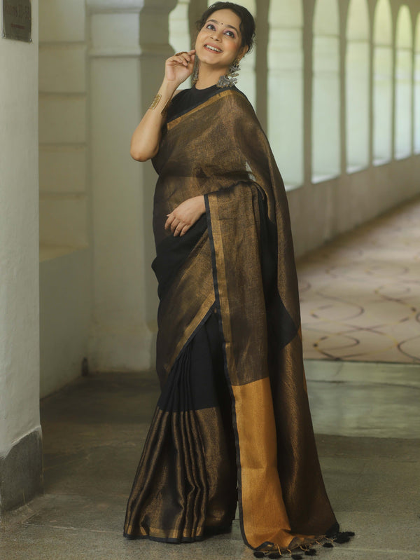 Banarasee Handloom Linen By Tissue Metallic Shine Saree-Black