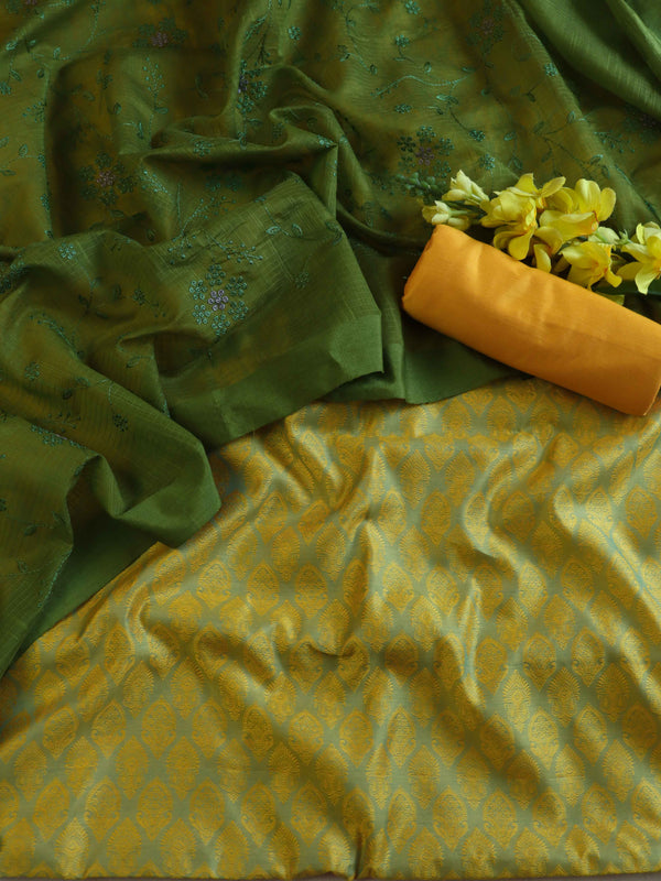 Banarasee Brocade Salwar Kameez Fabric With Cotton Silk Dupatta-Yellow & Green