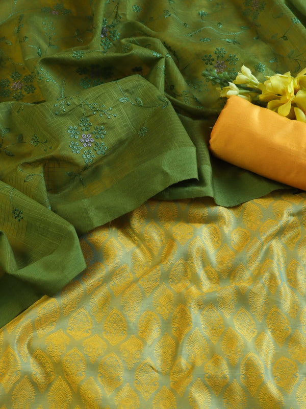 Banarasee Brocade Salwar Kameez Fabric With Cotton Silk Dupatta-Yellow & Green