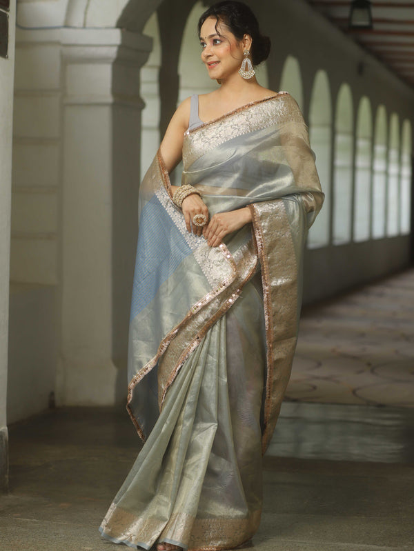 Banarasee Handwoven Plain Tissue Saree Zari Border With Lace-Grey