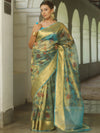 Banarasee Handwoven Tissue Saree With Printed Floral Design-Blue