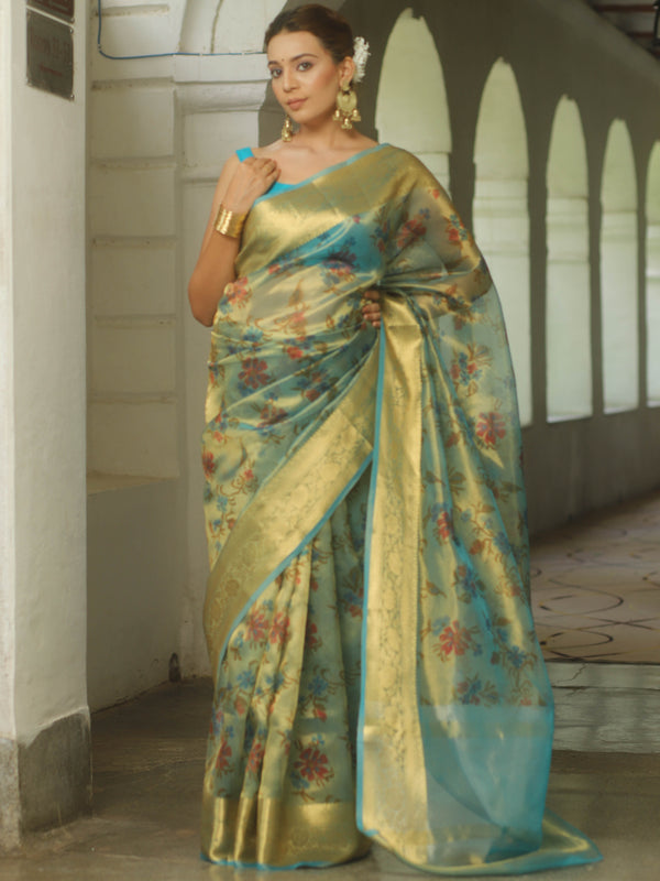 Banarasee Handwoven Tissue Saree With Printed Floral Design-Blue