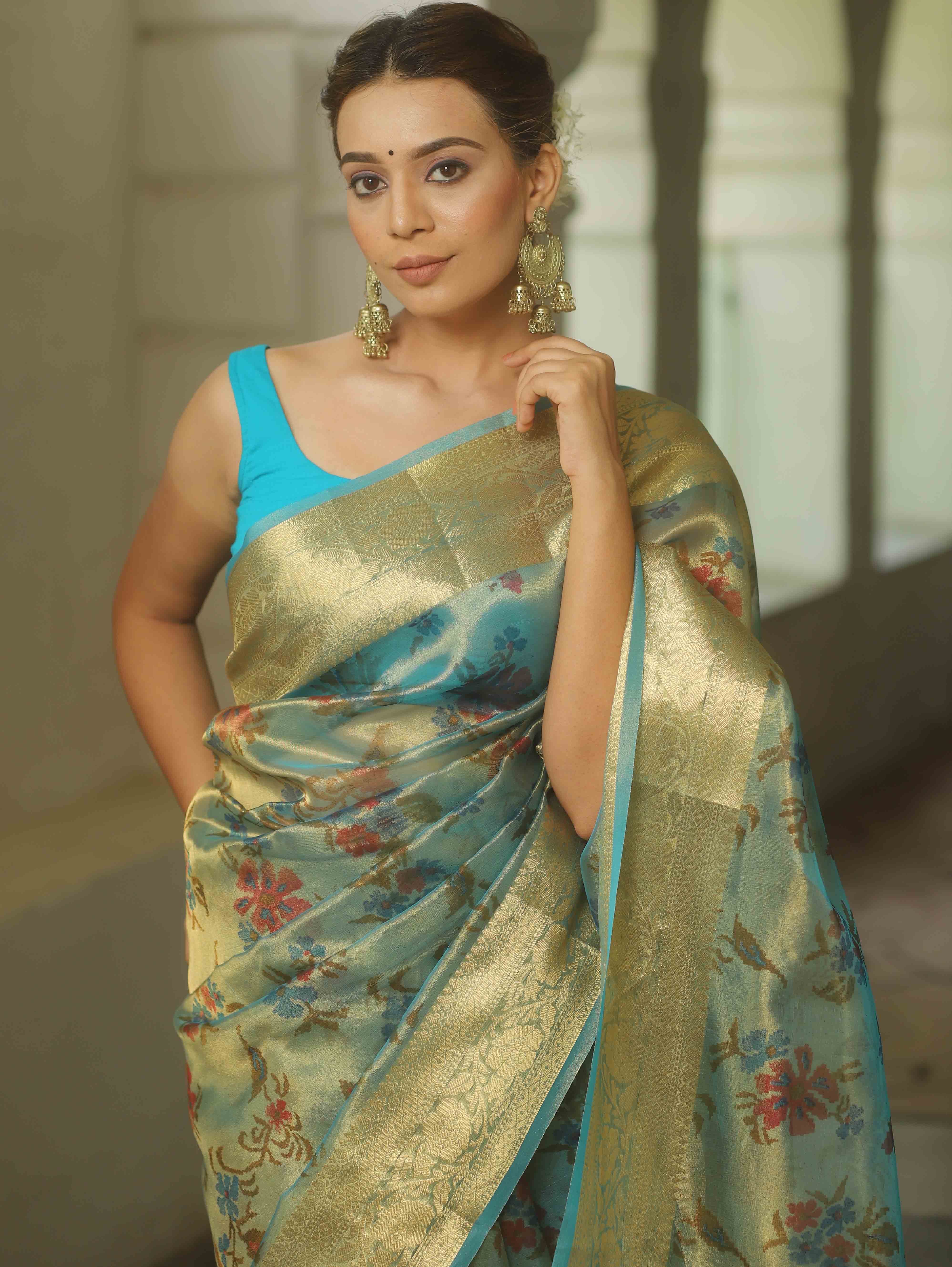 Banarasee Handwoven Tissue Saree With Printed Floral Design-Blue