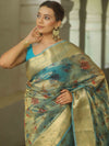 Banarasee Handwoven Tissue Saree With Printed Floral Design-Blue