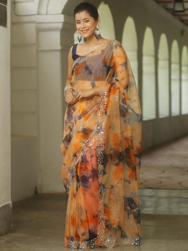 Banarasee Organza Silk Shibori Dyed Hand-work Scallop Border Saree-Orange & Blue