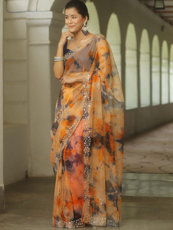 Banarasee Organza Silk Shibori Dyed Hand-work Scallop Border Saree-Orange & Blue