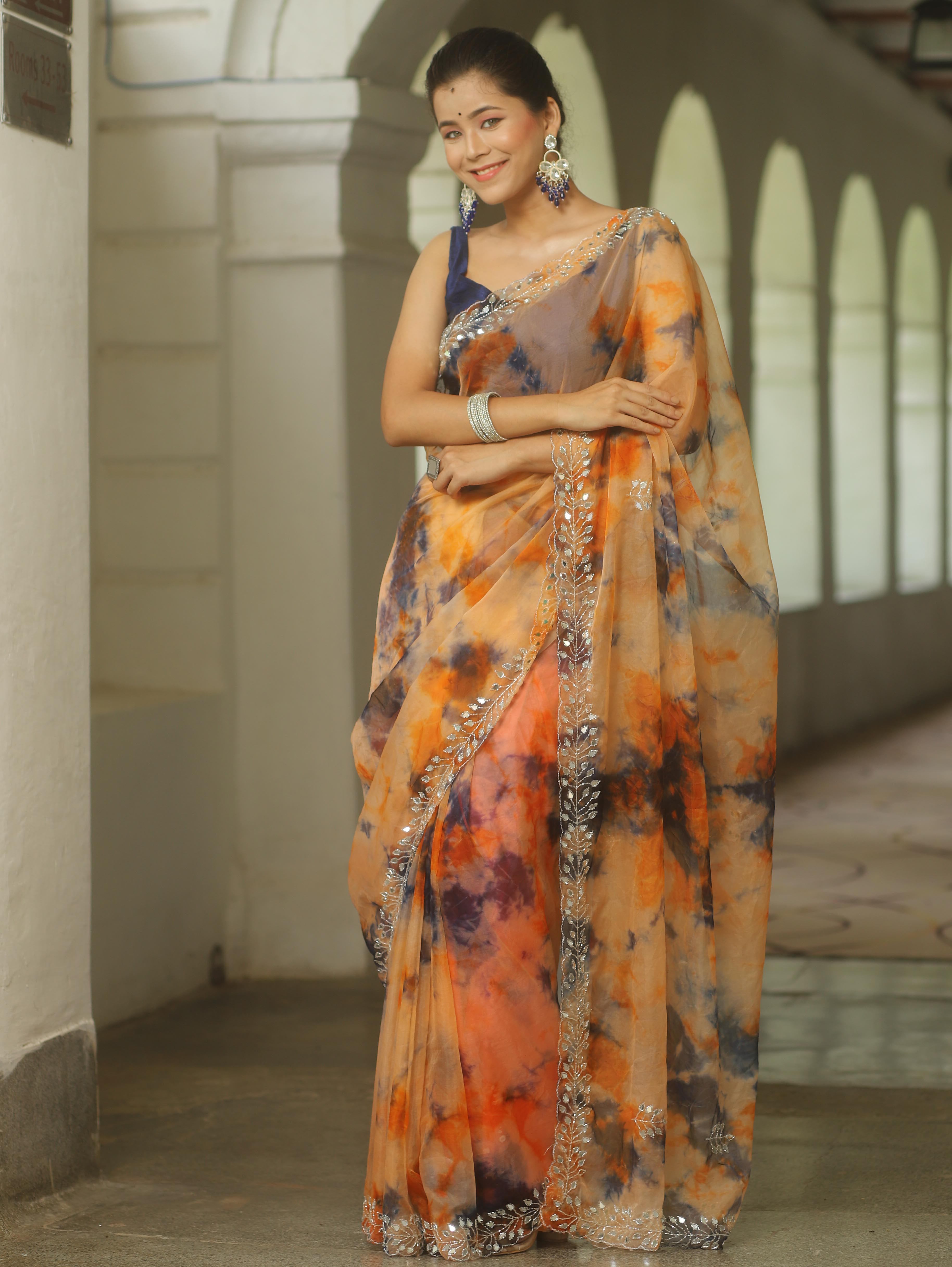 Banarasee Organza Silk Shibori Dyed Hand-work Scallop Border Saree-Orange & Blue