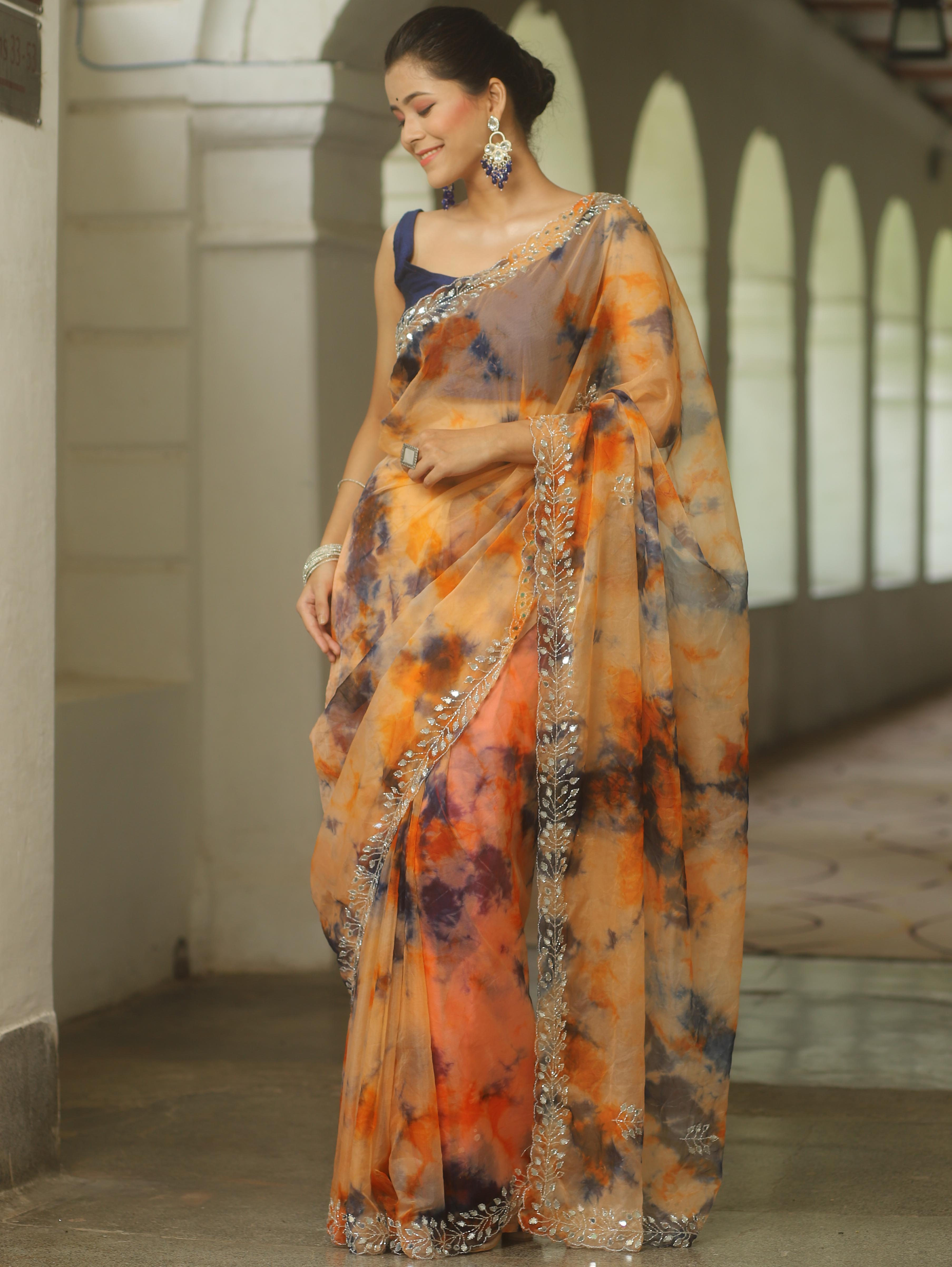 Banarasee Organza Silk Shibori Dyed Hand-work Scallop Border Saree-Orange & Blue