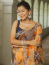 Banarasee Organza Silk Shibori Dyed Hand-work Scallop Border Saree-Orange & Blue