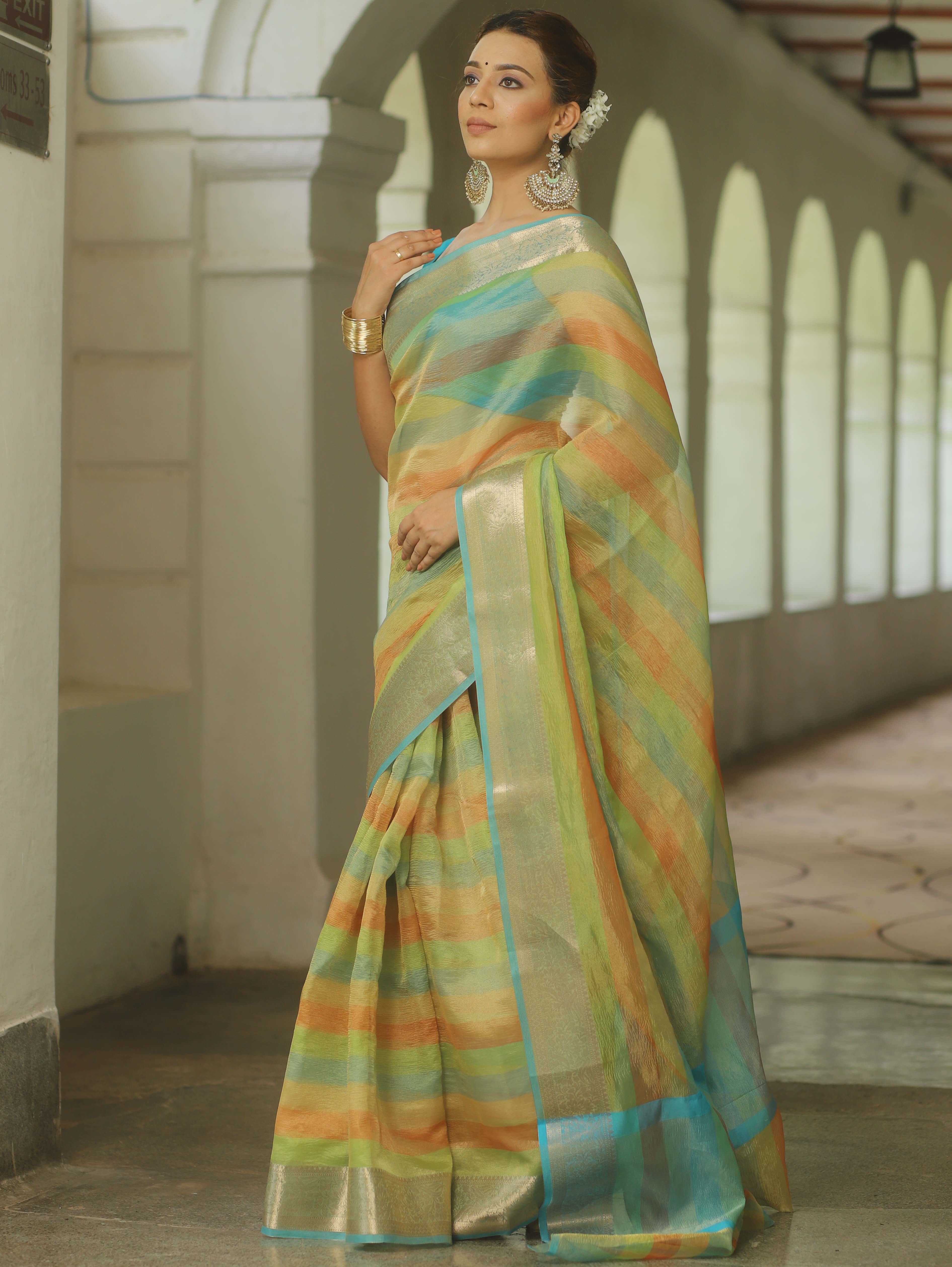 Banarasee Handwoven Crushed Tissue Saree-Multicolor