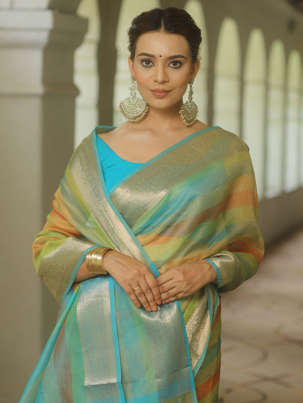 Banarasee Handwoven Crushed Tissue Saree-Multicolor