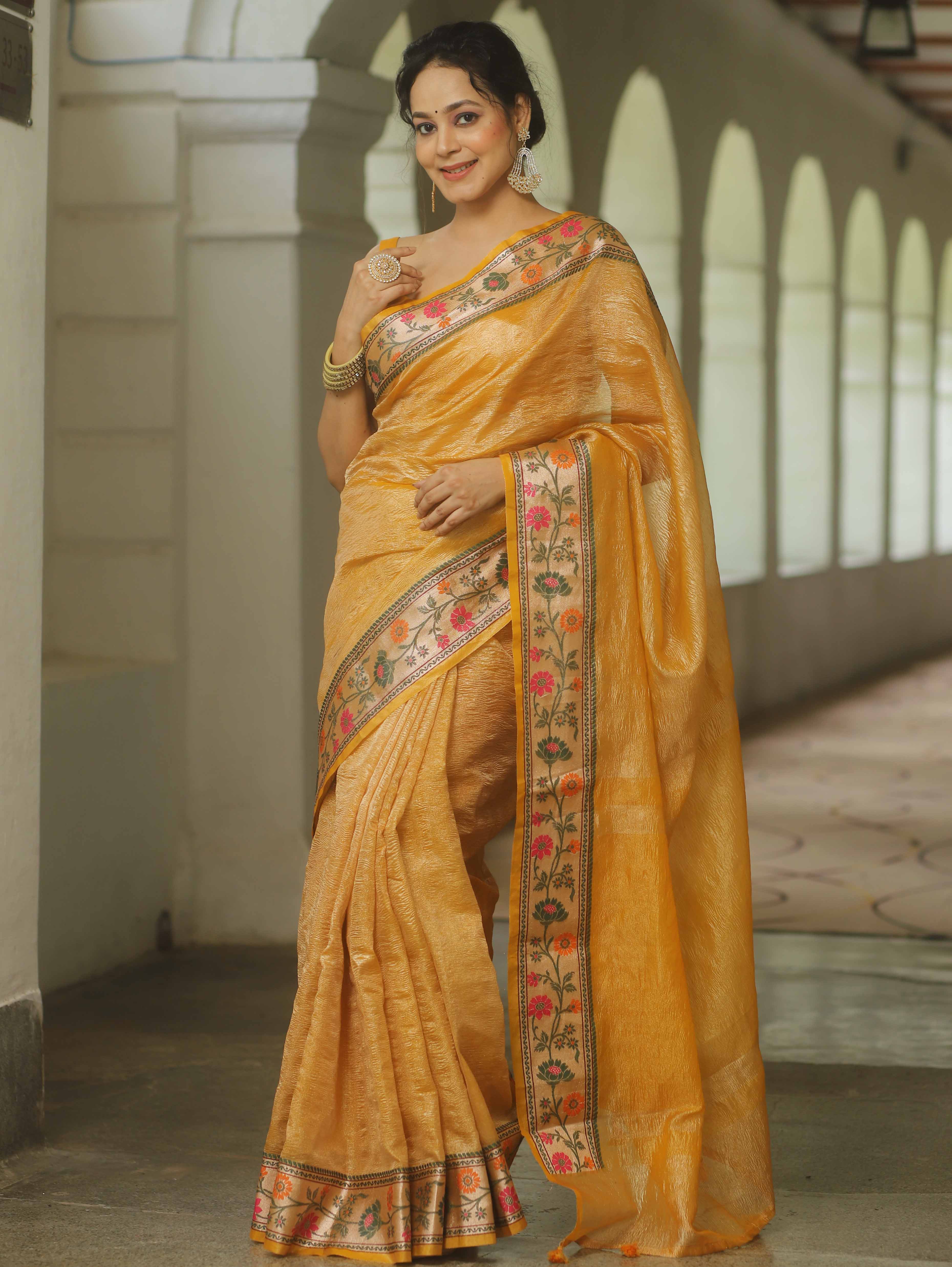 Banarasee Handwoven Crushed Tissue Saree With Meena Border-Mustard Yellow