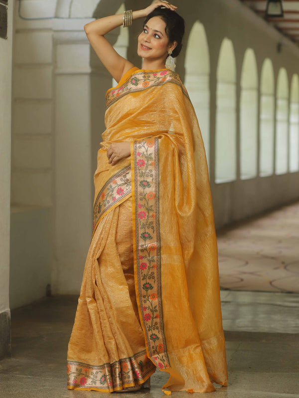 Banarasee Handwoven Crushed Tissue Saree With Meena Border-Mustard Yellow