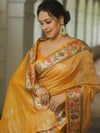 Banarasee Handwoven Crushed Tissue Saree With Meena Border-Mustard Yellow