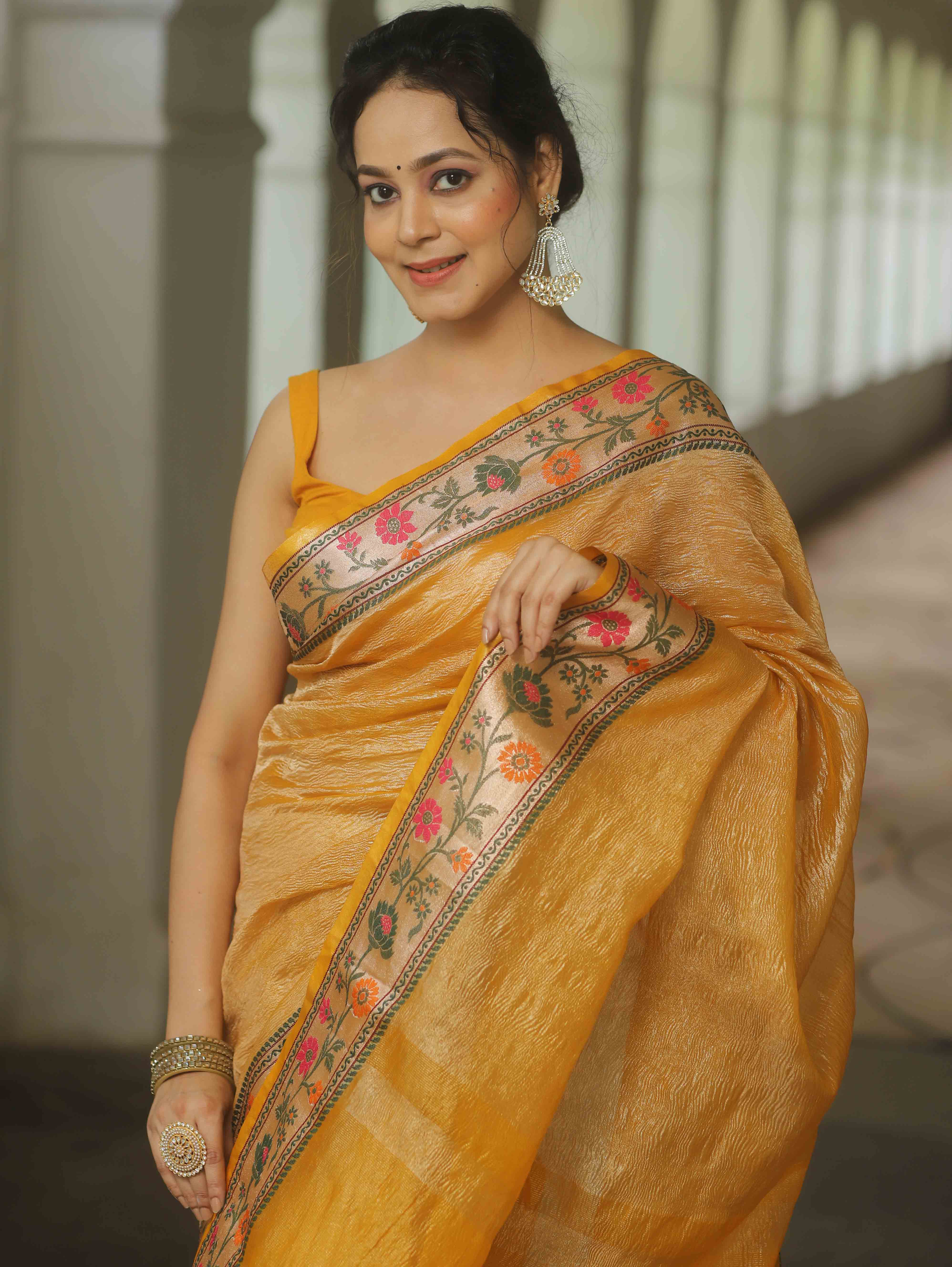 Banarasee Handwoven Crushed Tissue Saree With Meena Border-Mustard Yellow