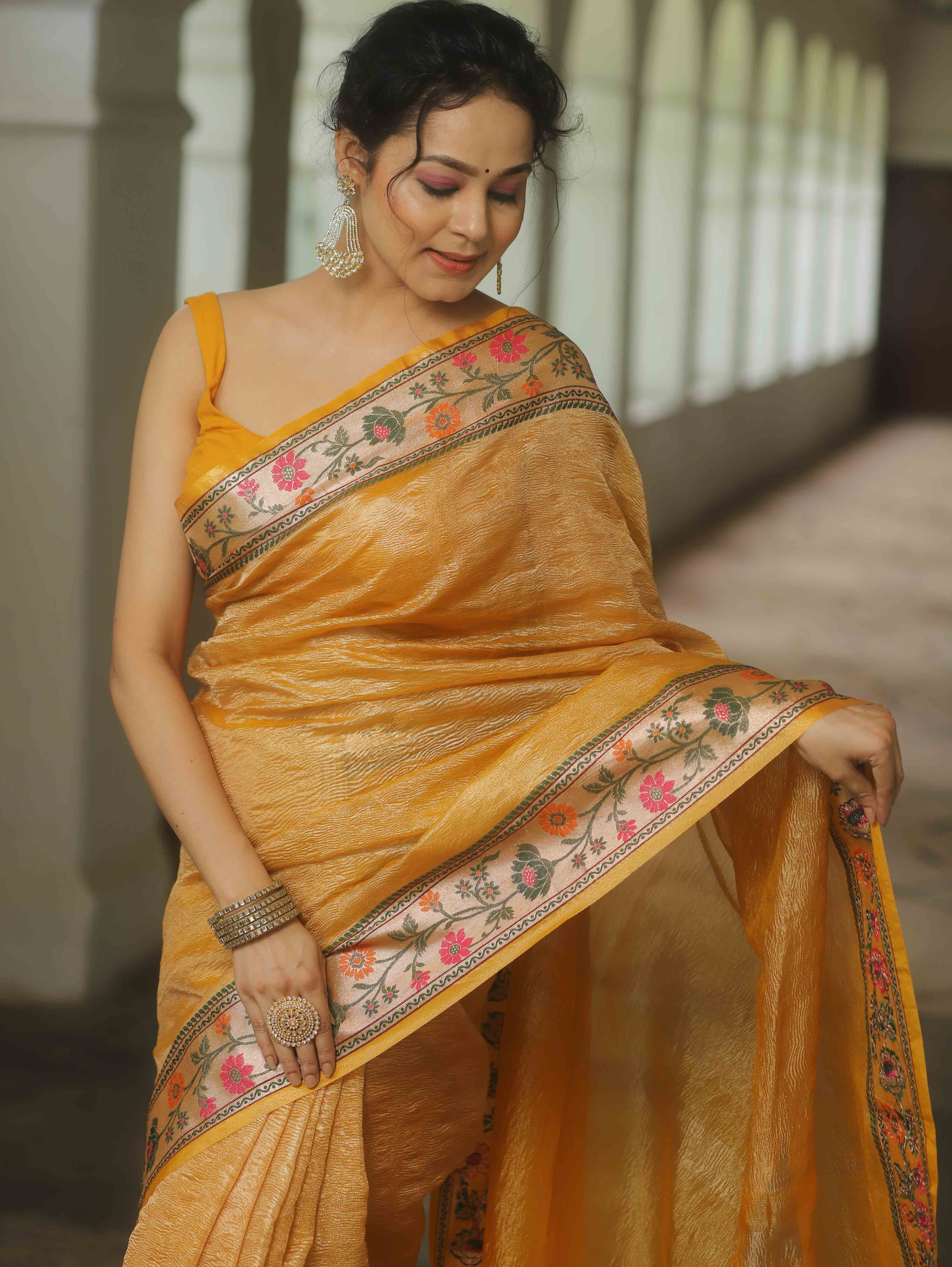 Banarasee Handwoven Crushed Tissue Saree With Meena Border-Mustard Yellow